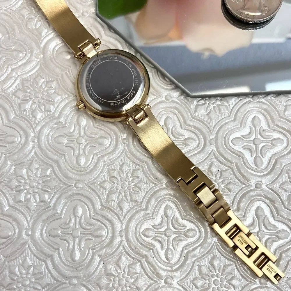 Michael Kors Mini Laney Crystal Accented Bezel Gold-Tone Bangle Watch